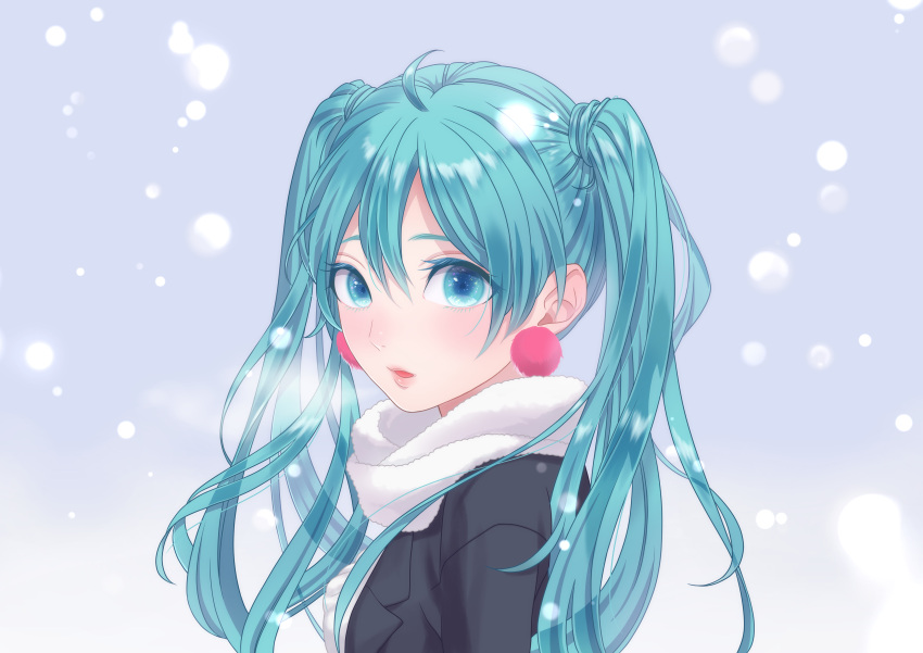 1girl absurdres alternate_costume blue_eyes blue_hair border earrings expressionless eyelashes eyes_visible_through_hair hair_between_eyes hatsune_miku highres jewelry long_hair looking_at_viewer looking_back parted_lips pink_earrings san'nomiya scarf snow snowing solo twintails upper_body very_long_hair vocaloid white_scarf