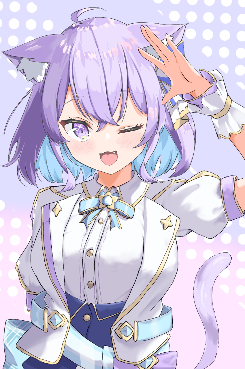 1girl ahoge animal_ears blue_hair blush cat_ears cat_girl cat_tail cropped_jacket earl_grey_no_chaba fang highres hololive hololive_idol_uniform_(bright) jacket nekomata_okayu official_alternate_costume one_eye_closed purple_hair shirt smile solo tail violet_eyes virtual_youtuber white_jacket white_shirt white_wrist_cuffs wrist_cuffs