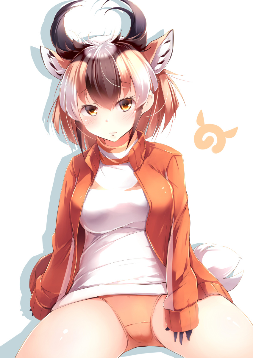 1girl absurdres animal_ears blush brown_hair buruma commentary_request cowboy_shot extra_ears eyebrows_visible_through_hair gloves highres horns jacket kanzakietc kemono_friends light_brown_hair long_sleeves multicolored_hair pronghorn_(kemono_friends) short_hair sitting solo tail white_hair yellow_eyes