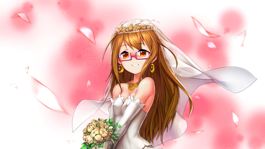 1girl bouquet breasts brown_eyes brown_hair cleavage crescent crescent_earrings dress earrings flower glasses gloves jewelry kantai_collection long_hair looking_at_viewer medium_breasts mochizuki_(kantai_collection) necklace petals pink-framed_eyewear pink_background randle simple_background solo upper_body veil very_long_hair white_background white_dress white_gloves