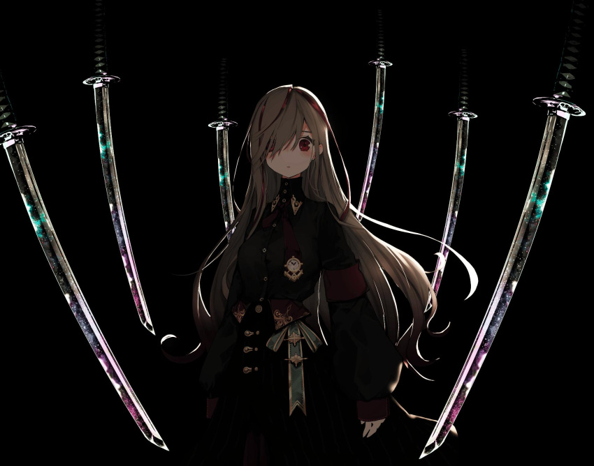 1girl backlighting black_background character_request copyright_request dark hair_over_one_eye highres long_hair long_sleeves looking_at_viewer multiple_swords naruwe parted_lips red_eyes solo sword upper_body weapon