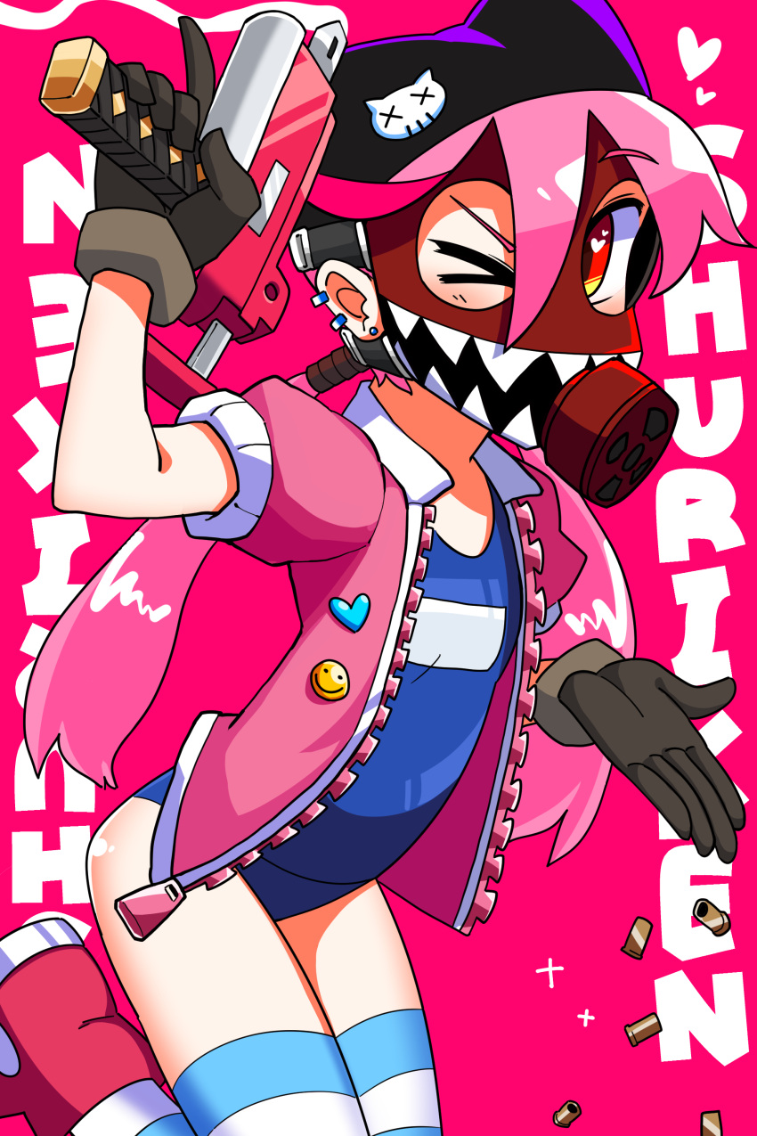 &gt;_o 1girl ;d absurdres animal_hat background_text bangs beanie blue_swimsuit boots brown_gloves cat_hat commentary_request english_text eyebrows_visible_through_hair gas_mask gloves gun hair_between_eyes hat heart heart_in_mouth highres holding holding_gun holding_weapon jacket korean_commentary lkll long_hair looking_at_viewer low_ponytail old_school_swimsuit one_eye_closed open_clothes open_jacket open_mouth original pink_background pink_hair pink_jacket purple_hat red_eyes red_footwear school_swimsuit shell_casing short_sleeves simple_background smile solo standing standing_on_one_leg striped striped_legwear swimsuit swimsuit_under_clothes thigh-highs very_long_hair weapon weapon_request x_x