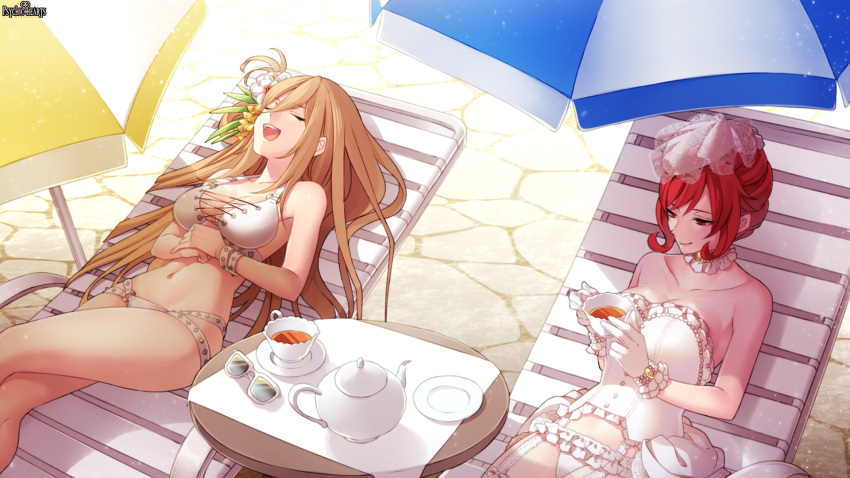 2girls bare_shoulders beach_umbrella bikini blonde_hair breasts bustier chair choker cleavage closed_eyes collarbone cup day eyewear_removed flower frilled_choker frills garter_straps gloves hair_between_eyes hair_flower hair_ornament hands_on_own_stomach hands_on_stomach highres holding holding_cup kerberos_blade legs_crossed long_hair looking_away lounge_chair lying medium_breasts multi-strapped_bikini multiple_girls navel on_back outdoors parasol redhead saucer shade short_hair sleeping smile studded_bracelet sunglasses sunlight swimsuit takamiya_ren tea teacup teapot umbrella very_long_hair white_bikini white_bikini_bottom white_gloves