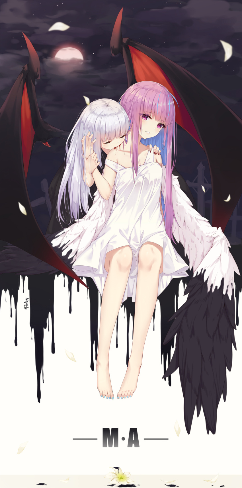 1girl 2girls absurdres bangs bare_arms bare_shoulders black_dress black_wings blood_sucking blue_hair blue_nails closed_eyes clouds cloudy_sky collarbone commentary_request crossover dress eyebrows_visible_through_hair feathered_wings fingernails flower full_moon highres hololive kagura_mea kagura_mea_channel long_hair minato_aqua moon multicolored_hair multiple_girls nail_polish neps-l night night_sky outdoors purple_hair red_nails red_wings silver_hair sitting sky sleeveless sleeveless_dress strap_slip toenail_polish toenails two-tone_hair very_long_hair violet_eyes virtual_youtuber white_dress white_flower white_wings wings
