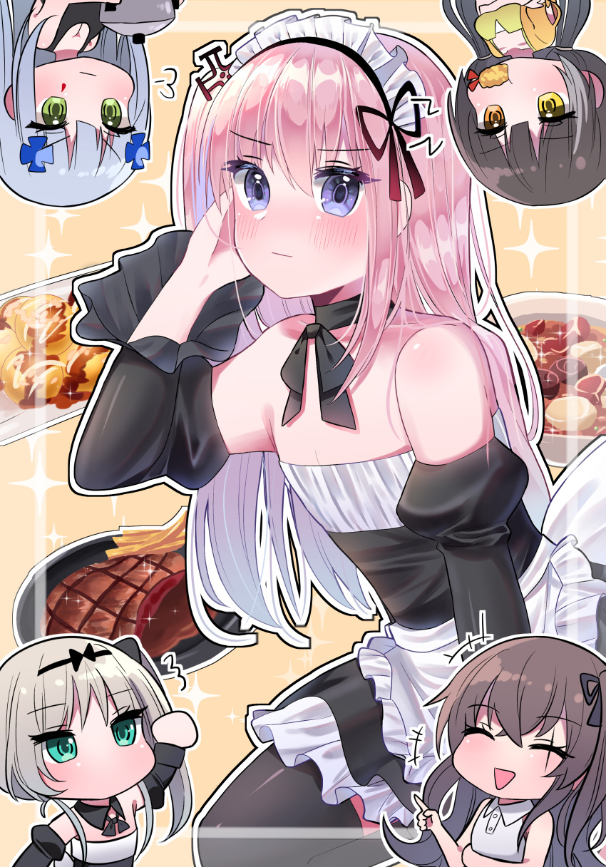 5girls absurdres an-94_(girls_frontline) artist_request blush bowl closed_eyes commentary_request embarrassed food french_fries girls_frontline highres hk416_(girls_frontline) korean_commentary laughing maid maid_headdress multiple_girls noodles plate pot ramen ro635_(girls_frontline) scar scar_across_eye shrimp shrimp_tempura st_ar-15_(girls_frontline) steak takoyaki tempura ump45_(girls_frontline)