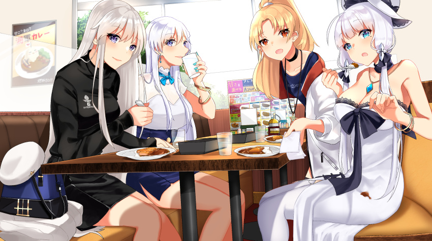 4girls ahoge alternate_costume alternate_hairstyle azur_lane bag bare_legs belfast_(azur_lane) blonde_hair blue_eyes bow bowtie breasts choker cleavage cleveland_(azur_lane) collarbone cup curry curry_rice dress drinking earrings enterprise_(azur_lane) eyebrows_visible_through_hair food food_on_clothes hair_ribbon handbag hat hat_removed headwear_removed highres illustrious_(azur_lane) jacket jewelry lace-trimmed_collar long_hair looking_at_viewer medium_breasts miniskirt mole mole_under_eye multiple_girls napkin necklace open_mouth pendant plate ponytail red_eyes restaurant ribbon rice sanba_tsui shirt sidelocks silver_hair sitting skirt sleeveless sleeveless_dress small_breasts spoon straight_hair table tress_ribbon white_dress white_hat