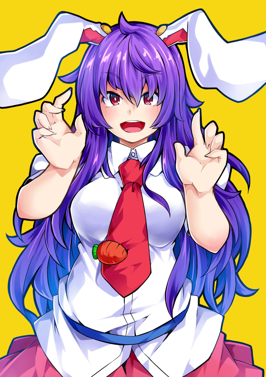 1girl :d absurdres animal_ears blue_hair blue_sash blush breasts carrot claw_pose commentary_request cowboy_shot gradient_hair hands_up highres ishimu large_breasts long_hair looking_at_viewer multicolored_hair necktie open_mouth pink_eyes pink_skirt puffy_short_sleeves puffy_sleeves purple_hair rabbit_ears red_neckwear reisen_udongein_inaba sash shirt short_sleeves simple_background skirt smile solo touhou very_long_hair white_shirt yellow_background