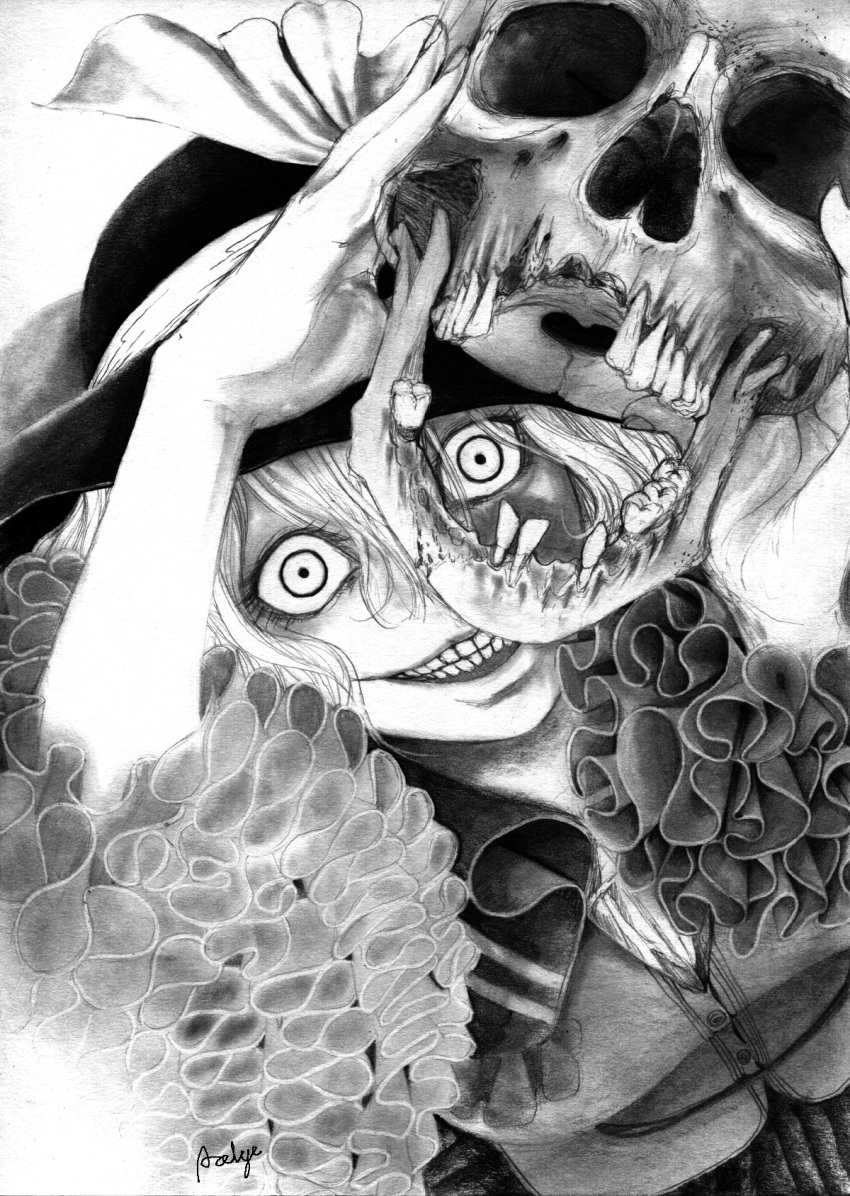 1girl artist_name bow crazy_eyes crazy_smile frilled_sleeves frills graphite_(medium) greyscale hane_(azelye) hat hat_bow highres holding_skull horror_(theme) komeiji_koishi looking_at_viewer monochrome short_hair signature skull solo teeth touhou traditional_media upper_body