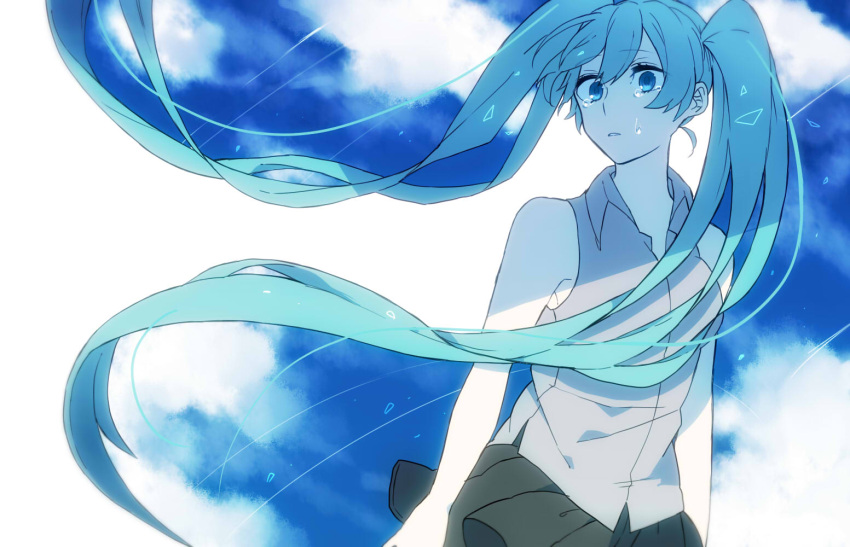 1girl arms_at_sides bare_shoulders black_skirt blue_eyes blue_hair blue_sky clouds cloudy_sky crying crying_with_eyes_open day eiku expressionless eyebrows_visible_through_hair flat_chest floating_hair grey_shirt hair_between_eyes hatsune_miku long_hair looking_away outdoors parted_lips shirt simple_background skirt sky sleeveless sleeveless_shirt solo tears twintails very_long_hair vocaloid white_background