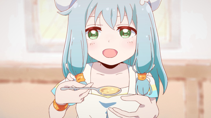 1girl 28meronpan apron beret blue_hair blurry blurry_background bracer commentary endro! feeding food green_eyes hat looking_at_viewer meiza_endust pov solo soup spoon