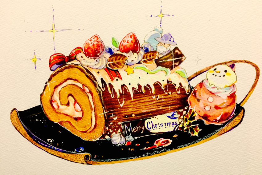 absurdres bow christmas facial_hair food fruit hat highres leaf marker_(medium) merry_christmas no_humans original purple_hat red_bow smile snowman star still_life strawberry ten'non traditional_media wizard_hat yule_log