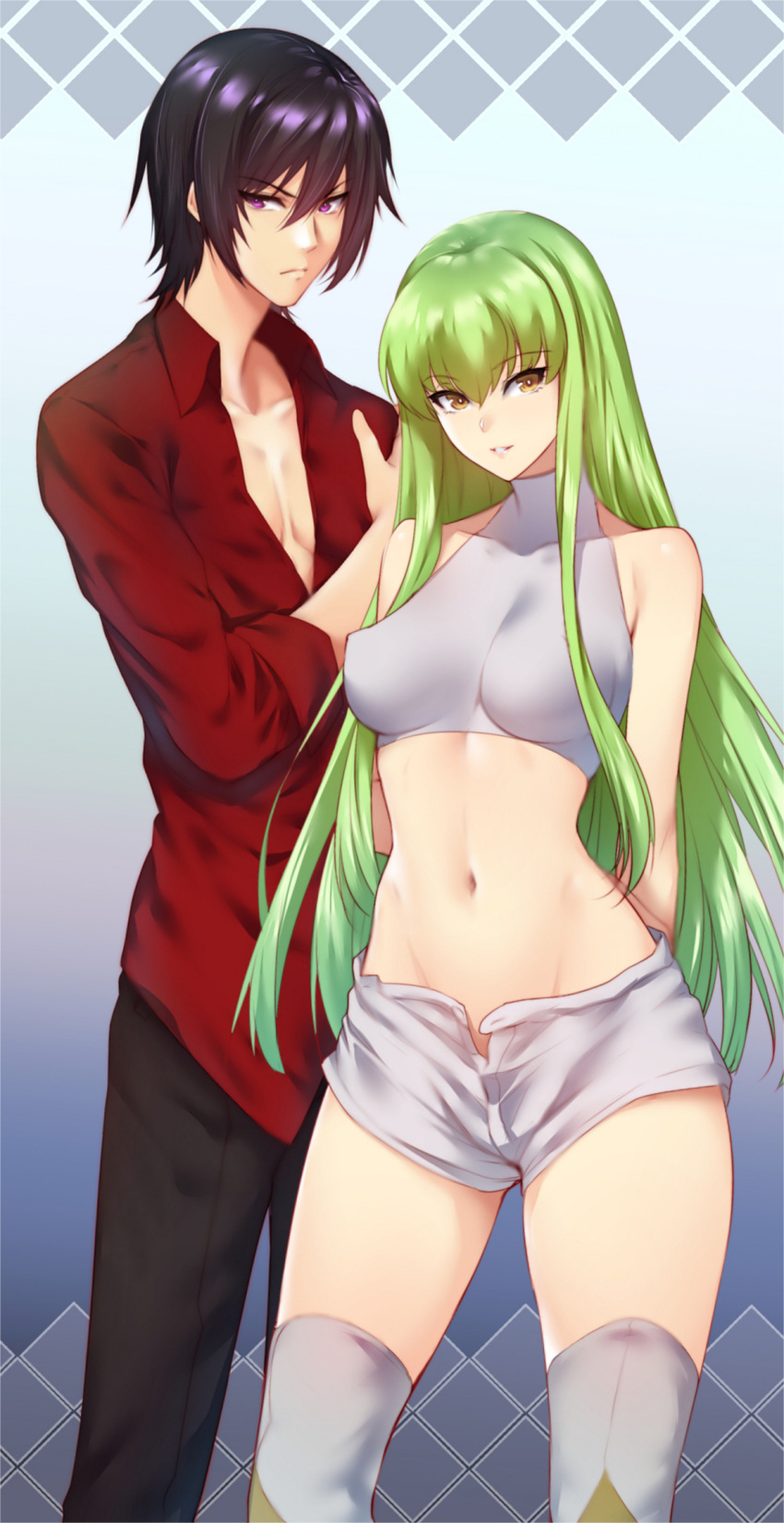 1boy 1girl black_hair breasts c.c. code_geass erect_nipples green_hair highres lelouch_lamperouge long_hair looking_at_viewer no_bra no_panties open_clothes paid_reward short_hair standing thigh-highs violet_eyes zucchini