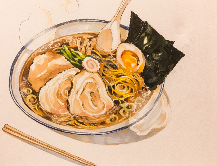 absurdres bowl chopsticks egg food highres kamaboko liquid marker_(medium) narutomaki no_humans noodles nori_(seaweed) original ramen spoon steam still_life ten'non traditional_media