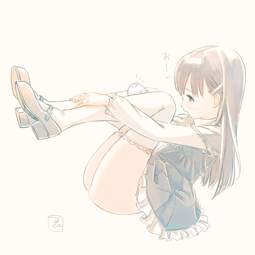1girl bangs black_footwear blue_dress brown_eyes brown_hair creature dress frilled_dress frills from_side full_body hair_ornament hairclip hands_on_legs highres kokudou_juunigou layered_sleeves long_hair long_sleeves no_panties original parted_lips profile shoes short_over_long_sleeves short_sleeves signature simple_background sleeping solo thigh-highs white_background white_legwear zzz