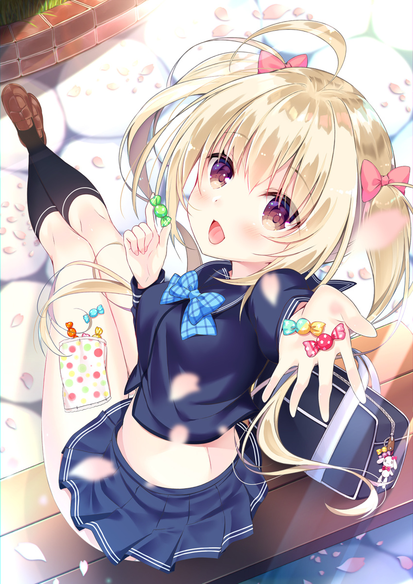 1girl bag blonde_hair blue_serafuku blush brown_eyes candy candy_wrapper checkered checkered_neckwear cherry_blossoms commentary_request eyebrows_visible_through_hair food hair_between_eyes hair_ribbon highres holding_candy ko_yu legs_together looking_at_viewer looking_back moe2019 open_mouth original outdoors outstretched_arm ribbon shoulder_bag sitting_on_bench twintails uniform