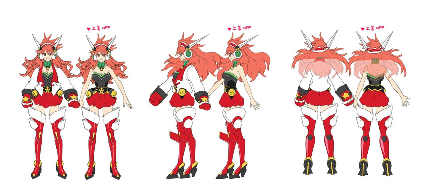 1girl amou_kanade bare_shoulders bell boots breasts character_sheet christmas cleavage commentary_request from_behind full_body gloves headgear high_heel_boots high_heels large_breasts long_hair official_art profile red_eyes red_gloves red_legwear redhead senki_zesshou_symphogear senki_zesshou_symphogear_xd_unlimited simple_background sleeveless solo thigh-highs thigh_boots translation_request white_background