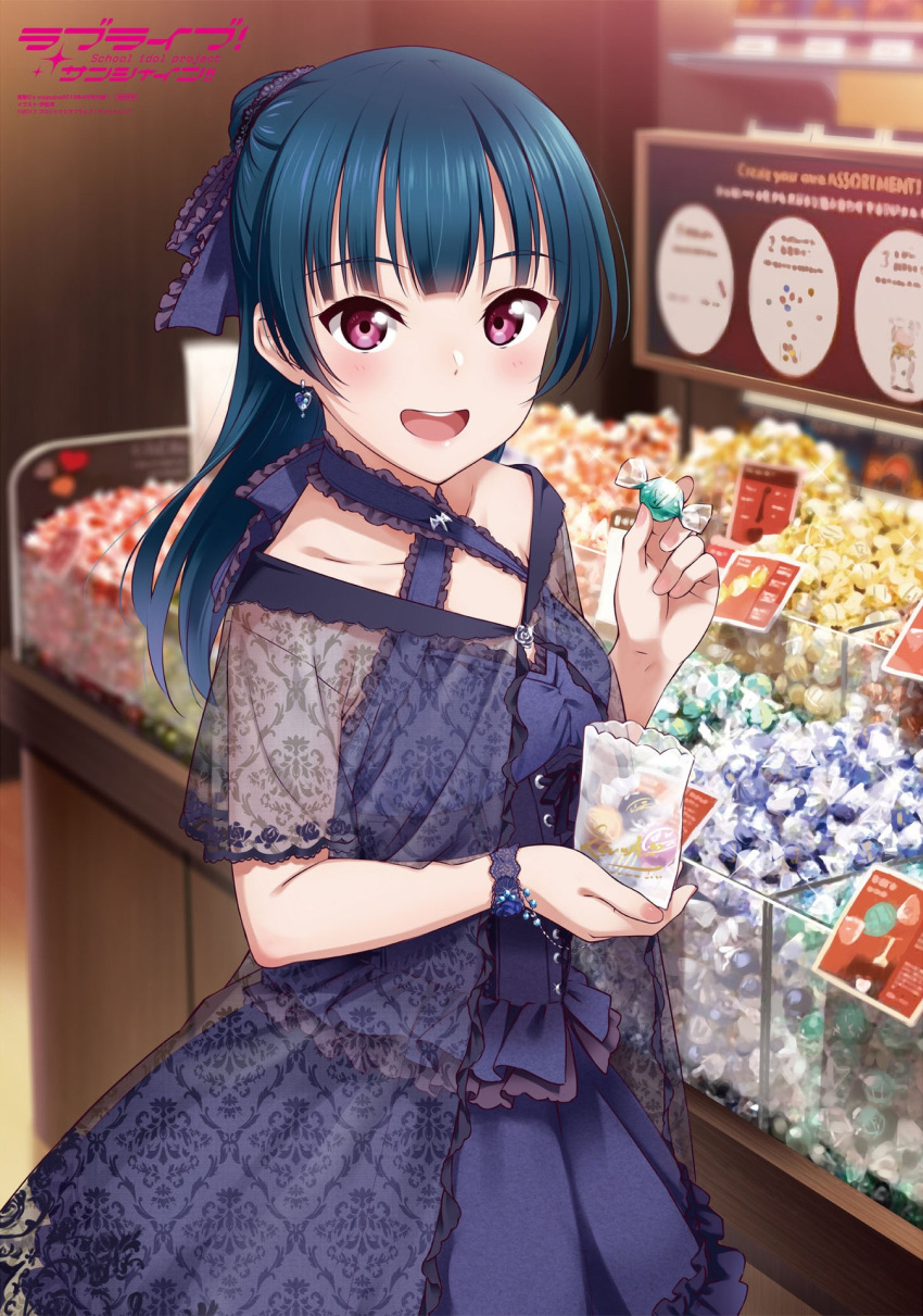 alternate_hairstyle blue_dress candy chocolate copyright_name dress food highres lindor_truffles lindt love_live! love_live!_sunshine!! official_art ponytail poster product_placement tsushima_yoshiko