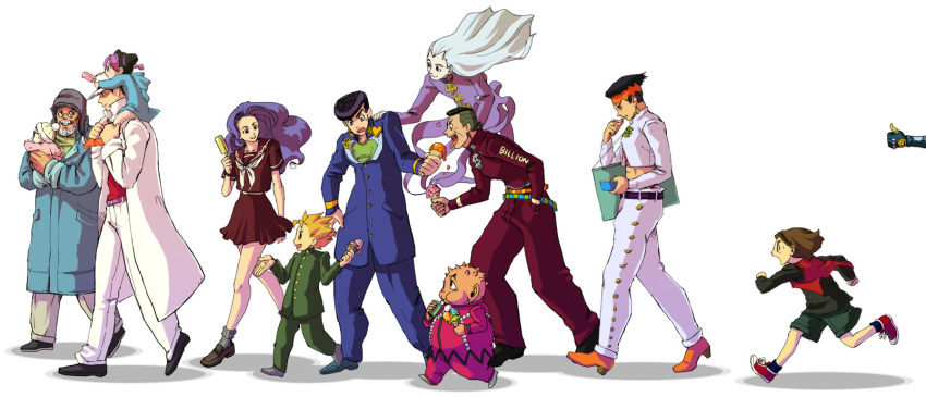 abs alien beard belt black_hair blonde_hair bun carrying child double_bun double_buns drink earrings facial_hair food gakuran glasses hat hazekura_mikitaka headband higashikata_josuke higashikata_jousuke highres hirose_koichi hirose_kouichi ice_cream jewelry jojo's_bizarre_adventure jojo_no_kimyou_na_bouken joseph_joestar kawajiri_hayato killer_queen kishibe_rohan kujo_jolyne kujo_jotaro kuujou_jolyne kuujou_joutarou long_coat long_hair midriff nijimura_okuyasu pompadour popsicle purple_hair running school_uniform serafuku shizuka_joestar shoes shorts shoulder_carry smile sneakers socks stand stand_(jojo) sweatdrop thumbs_up tongue walking white_hair yamagishi_yukako yangu_shigekiyo young