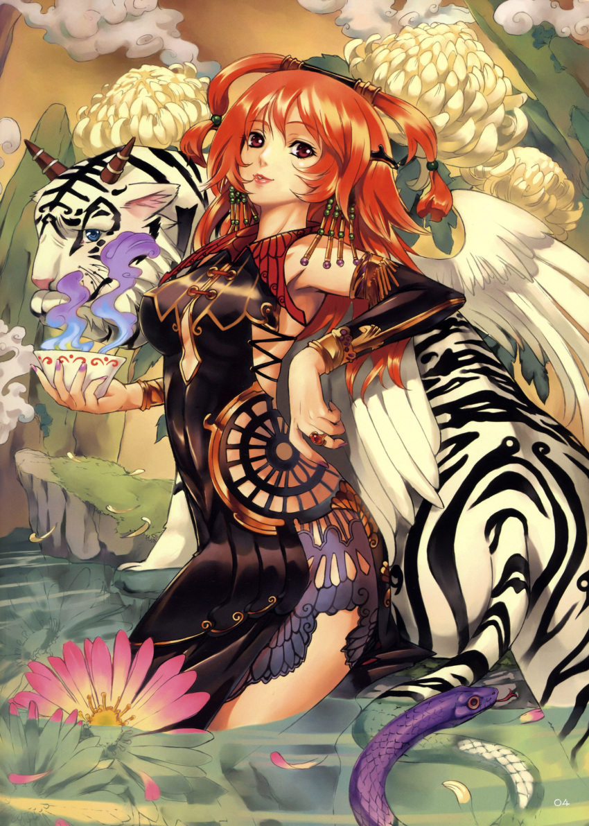 china_dress chinadress chinese_clothes colorful earrings eiwa highres jewelry original red_eyes red_hair redhead scan snake tattoo tiger water