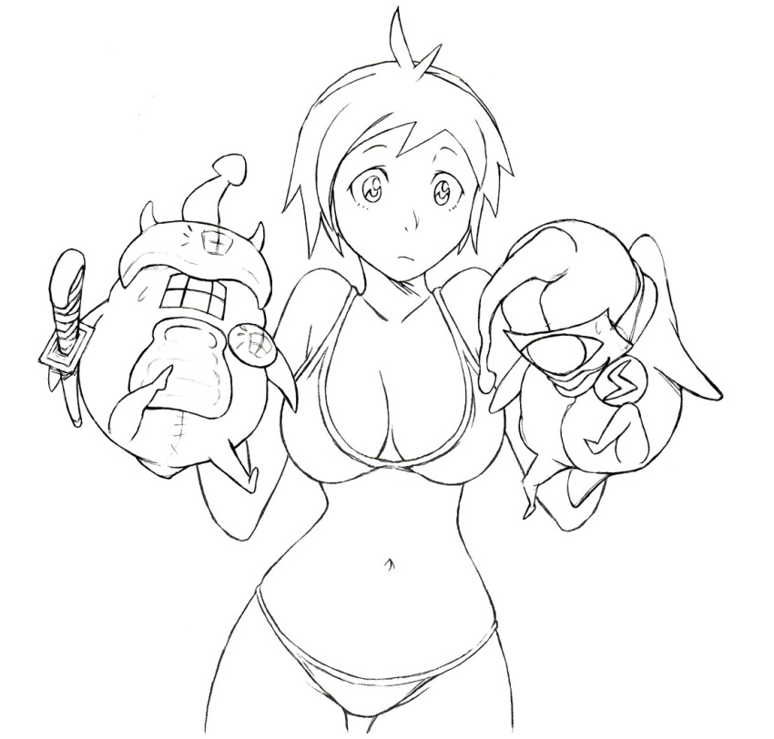 breasts cleavage hand_puppet hand_puppets monochrome puppet puppets short_hair swimsuit wadatsumi