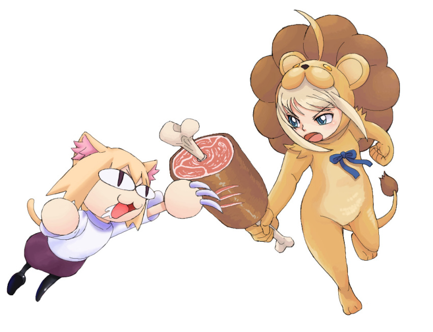battle boned_meat cat claws costume fate/stay_night fate/tiger_colosseum fate_(series) food lion lion_costume maru_(artist) meat melty_blood nekoarc saber saber_lion simple_background teruki tsukihime white_background