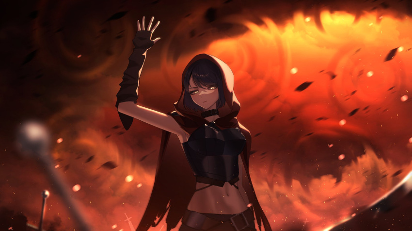 1girl archer_(fate) arm_up breasts emiya_shirou fate/stay_night fate_(series) field_of_blades gears highres holding holding_sword holding_weapon hood hooded_jacket invisible_air_(fate) jacket multiple_swords open_clothes original planted planted_sword sword too_many_weapons unlimited_blade_works_(reality_marble) weapon yellow_eyes