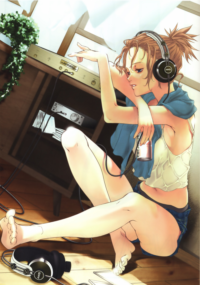 absurdres akg barefoot beer breasts brown_hair can dutch_angle feet headphones highres legs original rin_kyoutarou short_shorts shorts solo toes towel towel_on_shoulders wet_clothes