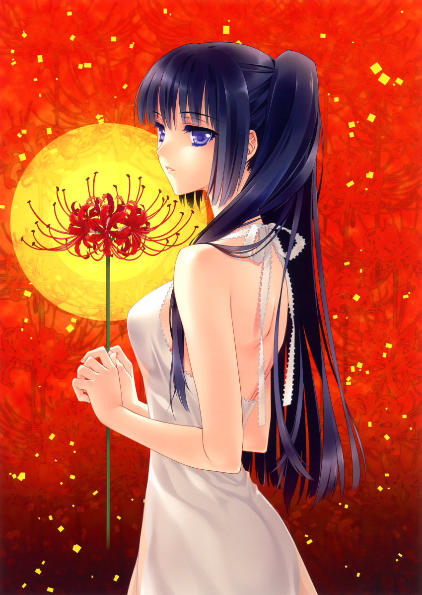 1girl absurdres bare_shoulders carnelian dress flower highres huge_filesize lips long_hair original parted_lips ponytail purple_hair scan see-through_silhouette solo violet_eyes white_dress