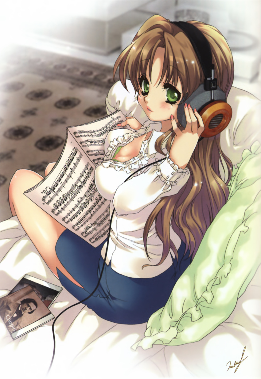 1girl absurdres blush bra breasts brown_hair cd cleavage erect_nipples eyebrows_visible_through_hair female frederic_chopin from_above grado_labs green_eyes headphones highres holding_book lingerie long_hair looking_at_viewer malino_(dream_maker) nail_polish nose open_book sheet_music shirt side_slit sitting skirt solo underwear wire