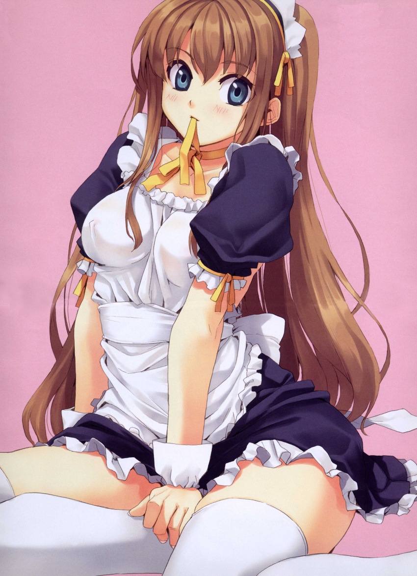 blue_eyes brown_hair highres long_hair maid mouth_hold runa thigh-highs thighhighs