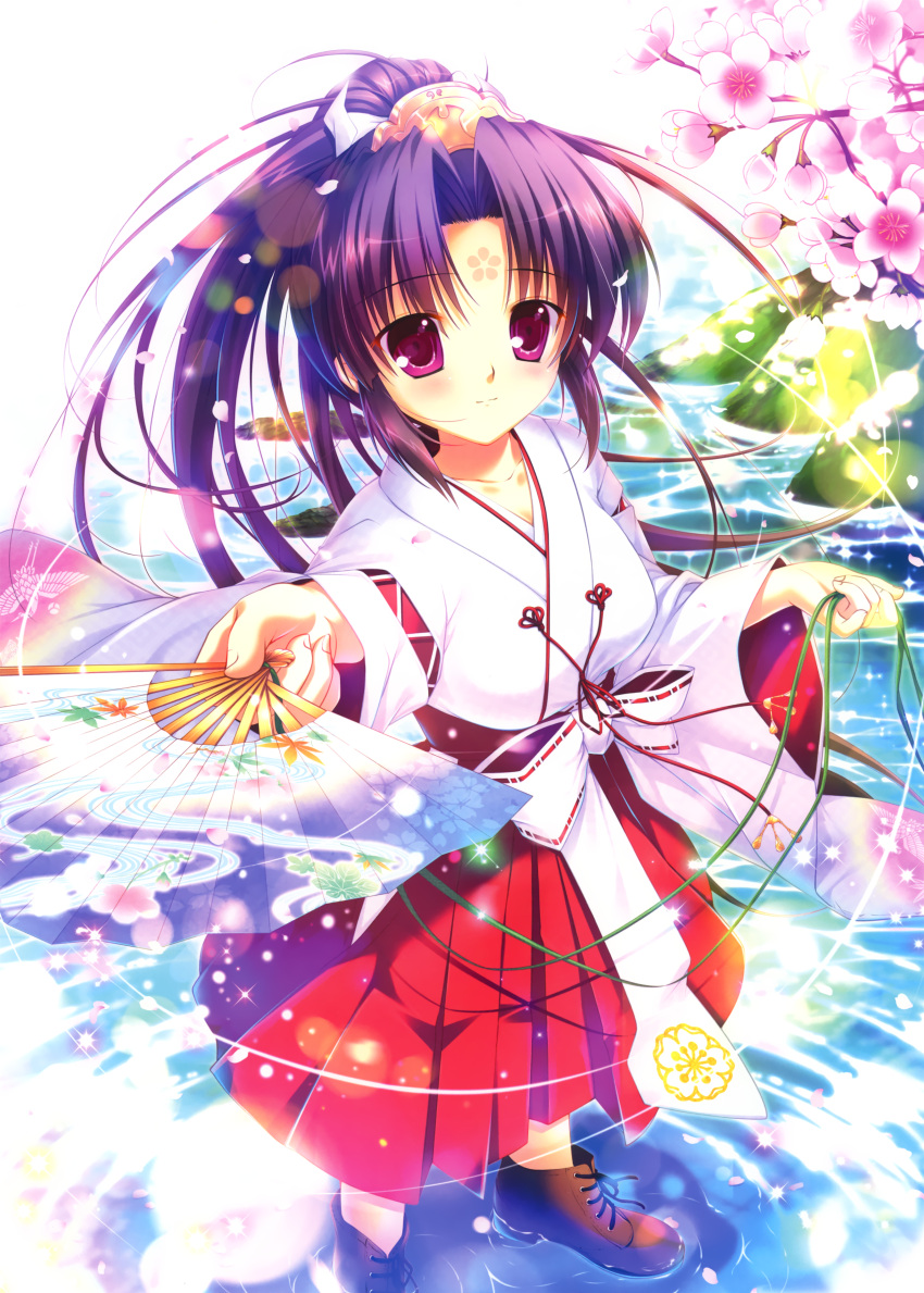 1girl absurdres cherry_blossoms facial_mark fan forehead_mark highres huge_filesize japanese_clothes kimono mikeou ponytail purple_hair tagme violet_eyes