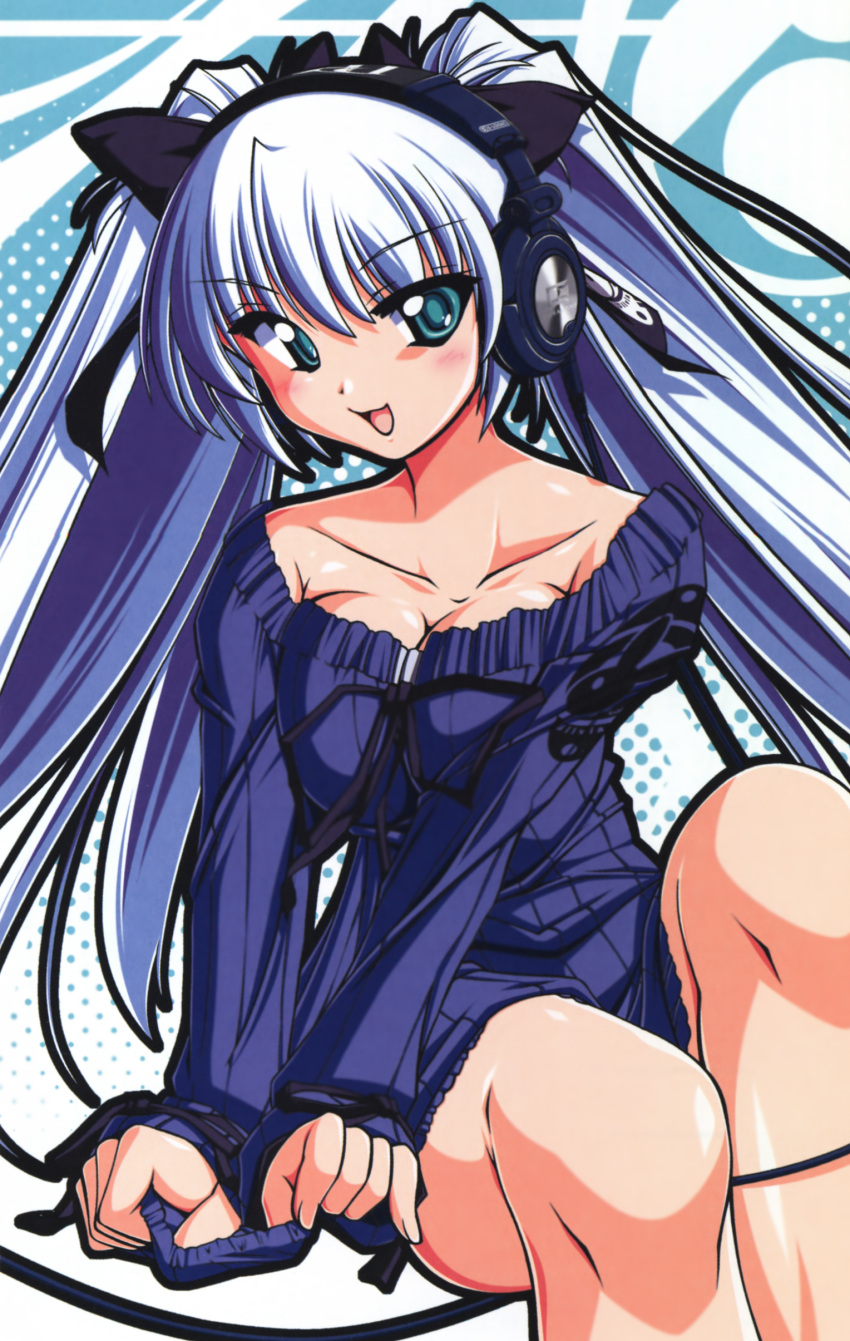 absurdres aqua_eyes blouse blue_hair breast_squeeze breasts cleavage dress hair_ornament headphones highres large_breasts long_hair nonsugar original smile sweater_dress twintails