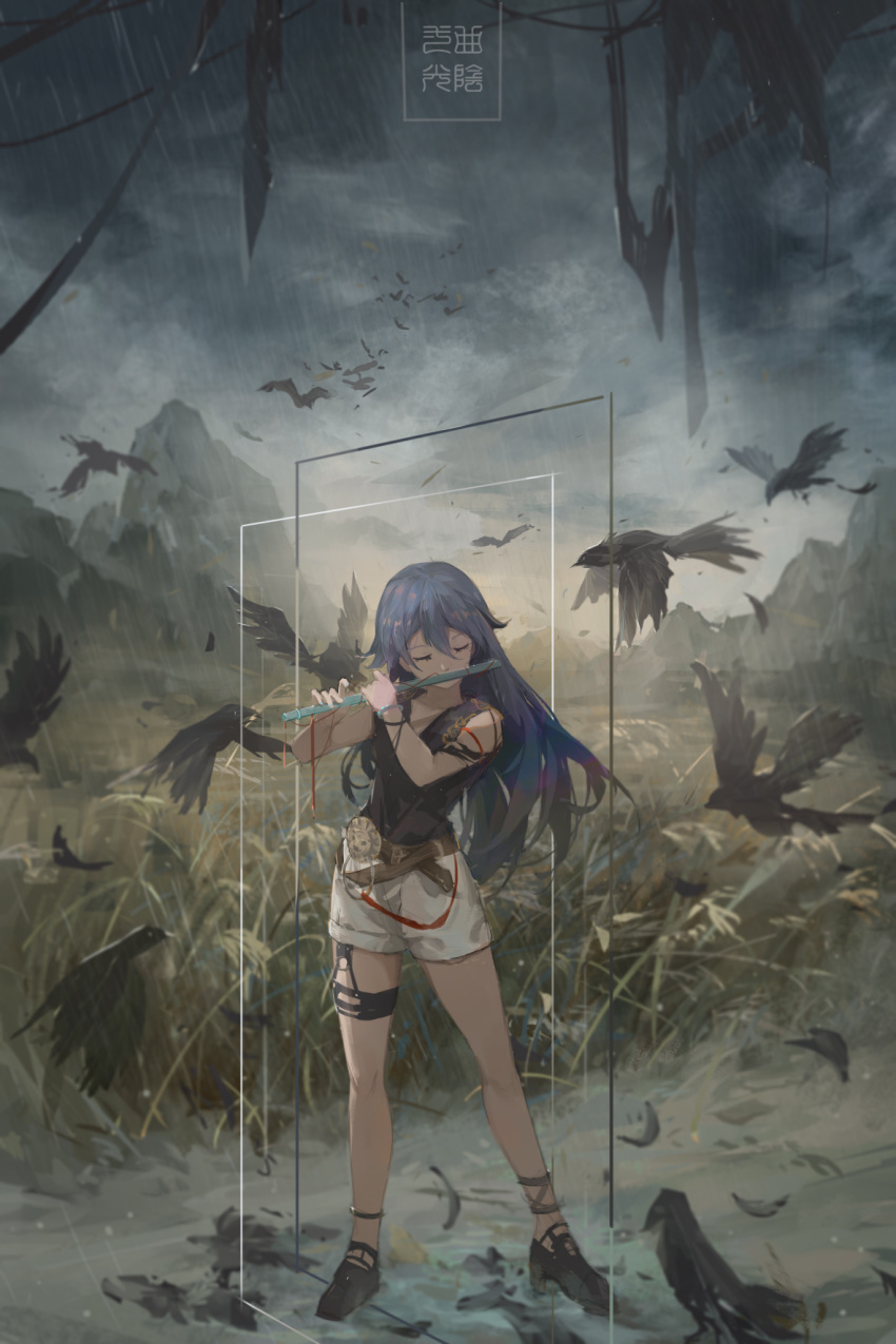 1girl bare_legs belt bird black_shirt blue_hair bracelet closed_eyes clouds cloudy_sky crow feathers field flute fu_hua hair_between_eyes high_heels highres honkai_(series) honkai_impact_3 instrument jewelry landscape long_hair mountain music outdoors playing_instrument rain red_ribbon ribbon shirt shorts sky sleeveless sleeveless_shirt zzz_(orchid-dale)