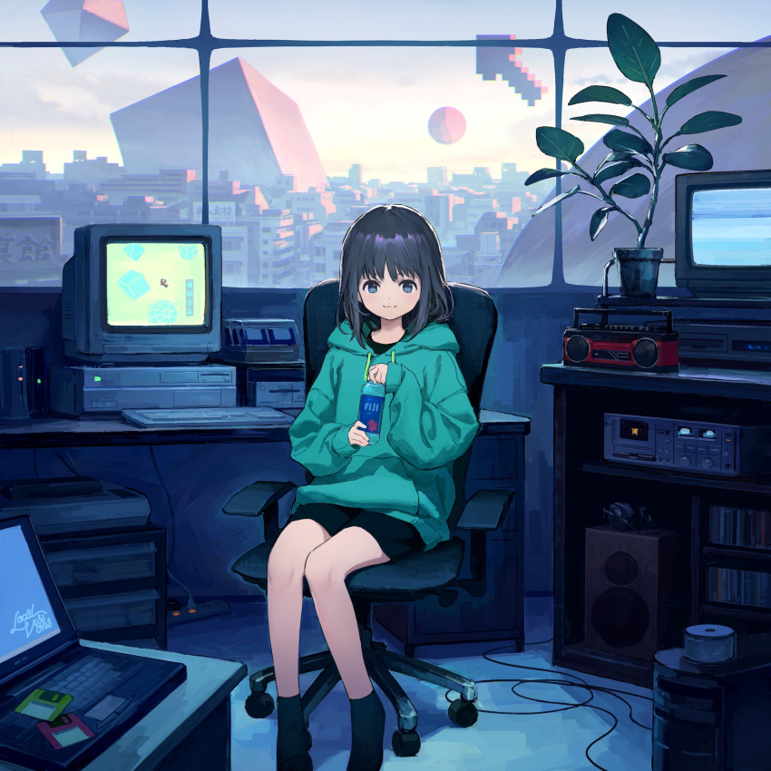 1girl bangs black_hair blue_eyes bottle chair cityscape commentary_request computer crt cube extension_cord floppy_disk highres holding hood hoodie indoors laptop looking_at_viewer loudspeaker office_chair original plant potted_plant radio retro sho_(sho_lwlw) short_shorts shorts sitting smile solo stereo water_bottle window