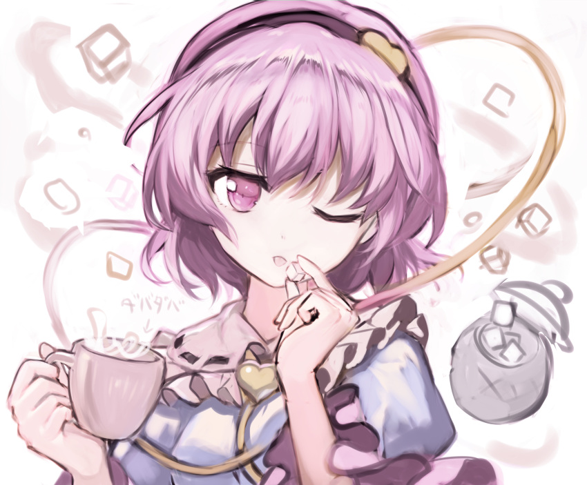 1girl bangs cup eyeball fuupu hat hat_ribbon highres komeiji_satori one_eye_closed pink_eyes pink_hair ribbon short_hair solo teacup third_eye touhou wide_sleeves