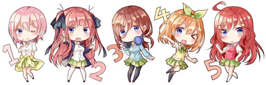 &gt;_o 5girls :&lt; ;d ahoge bangs black_footwear black_legwear black_ribbon blazer blue_cardigan blue_eyes blue_jacket blush bow brown_hair cardigan cardigan_around_waist chibi closed_mouth clothes_around_waist collared_shirt commentary_request dress_shirt eyebrows_visible_through_hair go-toubun_no_hanayome green_bow green_hairband green_ribbon green_skirt hair_between_eyes hair_ornament hair_ribbon hairband headphones headphones_around_neck highres jacket light_brown_hair long_hair long_sleeves multiple_girls nakano_ichika nakano_itsuki nakano_miku nakano_nino nakano_yotsuba one_eye_closed open_blazer open_clothes open_jacket open_mouth outstretched_arm pantyhose parted_lips pink_hair plaid plaid_bow pleated_skirt pointing redhead ribbon school_uniform shiro_kuma_shake shirt short_sleeves siblings simple_background sisters skirt smile socks standing star star_hair_ornament sweater_vest thigh-highs two_side_up v-shaped_eyebrows very_long_hair white_background white_legwear white_shirt yellow_cardigan