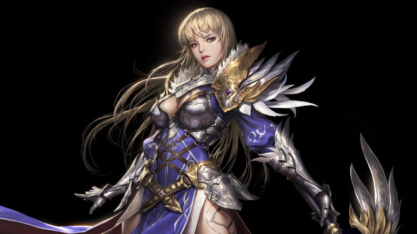 1girl armor black_background blonde_hair breasts cleavage dong-wook_shin fur_trim gauntlets gem glint goddess_alliance_2 grey_eyes highres holding holding_sword holding_weapon long_sleeves looking_at_viewer medium_breasts simple_background solo standing sword tattoo weapon