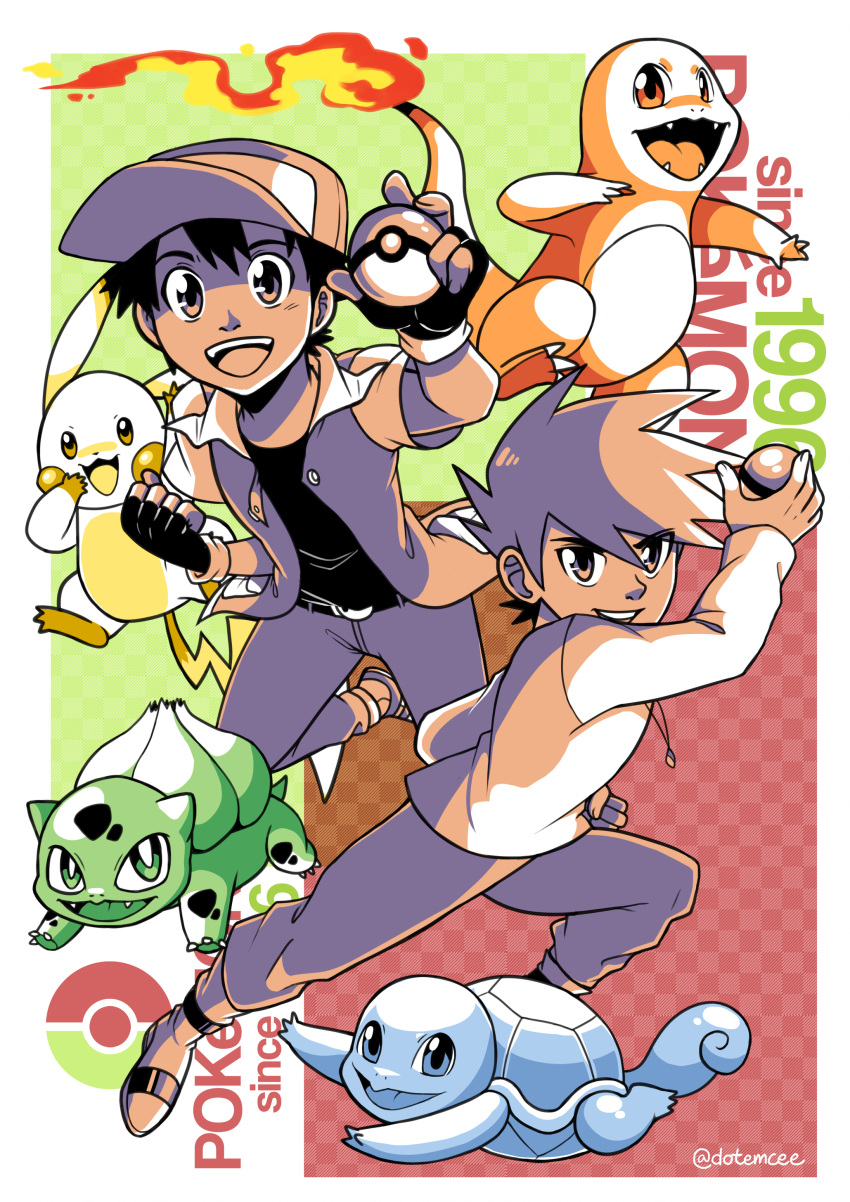 2boys absurdres ball baseball_cap belt buckle bulbasaur charmander checkered checkered_background commentary creatures_(company) emcee english_commentary english_text fangs fiery_tail fire flame full_body game_freak gen_1_pokemon hat highres holding holding_ball holding_poke_ball jewelry long_sleeves looking_at_viewer male_focus multiple_boys multiple_monochrome nintendo ookido_green pants parody pendant pikachu poke_ball poke_ball_(generic) pokemon pokemon_trainer red_(pokemon) shoes short_sleeves signature spiky_hair squirtle style_parody tail