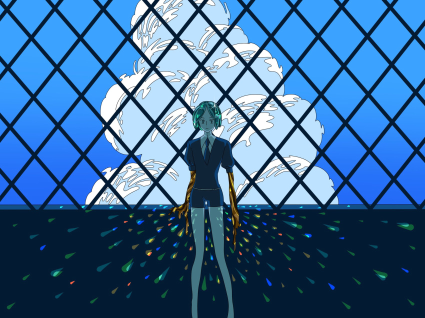 1other androgynous backlighting black_neckwear black_shorts blue_sky clouds cloudy_sky crystal_hair feet_out_of_frame gem_uniform_(houseki_no_kuni) golden_arms green_hair highres houseki_no_kuni looking_at_viewer necktie phosphophyllite puffy_short_sleeves puffy_sleeves sasakisasa27 short_hair short_shorts short_sleeves shorts sky solo sparkle wide_shot