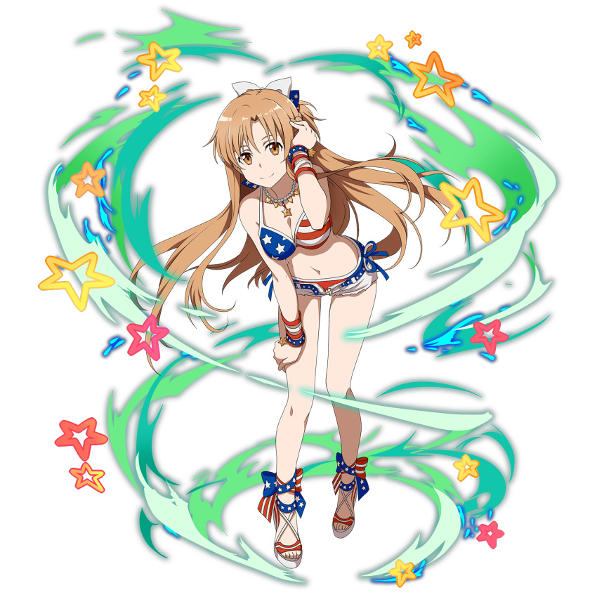 1girl american_flag_bikini ankle_bow ankle_ribbon asuna_(sao) belt bikini blue_ribbon bow bracelet breasts brown_eyes brown_hair cleavage collarbone flag_print floating_hair full_body hair_bow hand_in_hair hand_on_lap highres jewelry leaning_forward long_hair looking_at_viewer medium_breasts micro_shorts navel necklace open_clothes open_shorts print_bikini print_bow red_bikini_bottom ribbon shorts solo standing star star_print striped striped_bikini striped_bow swimsuit sword_art_online transparent_background very_long_hair white_bow white_shorts