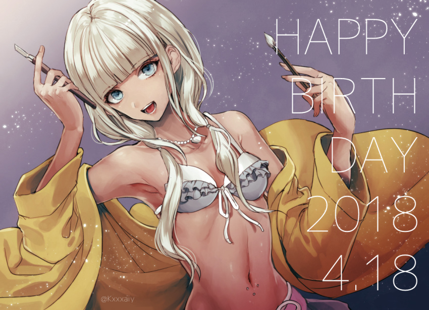 1girl 2018 :d bangs bikini blue_eyes blunt_bangs breasts cleavage collarbone dangan_ronpa dark_skin dated eyebrows_visible_through_hair frilled_bikini_top hair_over_shoulder happy_birthday holding_brush jewelry long_hair looking_at_viewer low_twintails navel necklace new_dangan_ronpa_v3 open_mouth sakuyu silver_hair small_breasts smile solo swimsuit twintails twitter_username upper_body white_bikini yonaga_angie