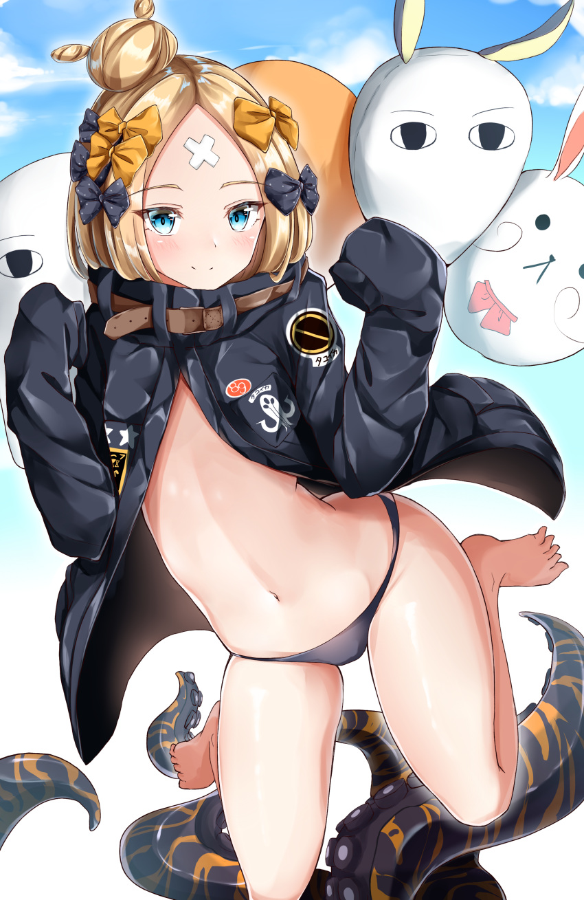 1girl abigail_williams_(fate/grand_order) absurdres arched_back balloon bangs bare_legs barefoot belt black_bow black_jacket black_panties blonde_hair blue_eyes blue_sky blush bow closed_mouth crossed_bandaids eyebrows_visible_through_hair fate/grand_order fate_(series) forehead gradient gradient_background hair_bow hair_bun hands_up heroic_spirit_traveling_outfit high_collar highres jacket long_hair long_sleeves looking_at_viewer moyoron navel object_hug open_clothes open_jacket orange_bow panties parted_bangs polka_dot polka_dot_bow sky sleeves_past_fingers sleeves_past_wrists smile solo stuffed_animal stuffed_toy teddy_bear tentacle thighs underwear
