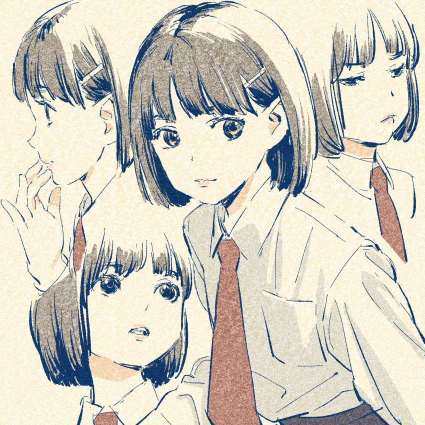 1girl bangs collared_shirt frown hair_ornament hairclip highres long_sleeves multiple_views nazoani_museum necktie original parted_lips profile red_neckwear shirt short_hair smile upper_body white_shirt