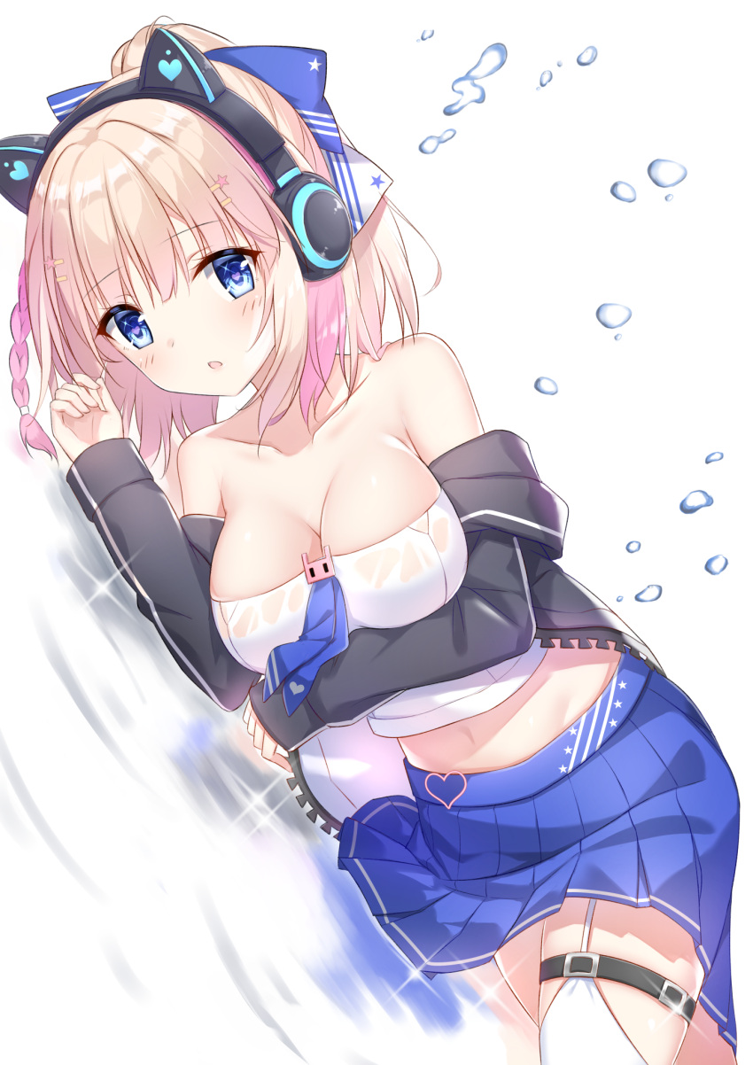 1girl animal_ears azur_lane bangs bare_shoulders black_jacket blue_eyes blue_skirt blush braid breasts cat_ear_headphones cat_ears cleavage commentary_request dutch_angle eyebrows_visible_through_hair garter_straps hair_between_eyes hair_ornament hairclip hand_up headphones heart high_ponytail highres jacket large_breasts light_brown_hair long_sleeves lying midriff multicolored_hair navel off_shoulder on_side open_clothes open_jacket pink_hair pleated_skirt ponytail richmond_(azur_lane) shirt side_braid single_braid skirt sleeves_past_wrists solo star star_hair_ornament strapless takeg05 thigh-highs two-tone_hair water_drop white_background white_legwear white_shirt