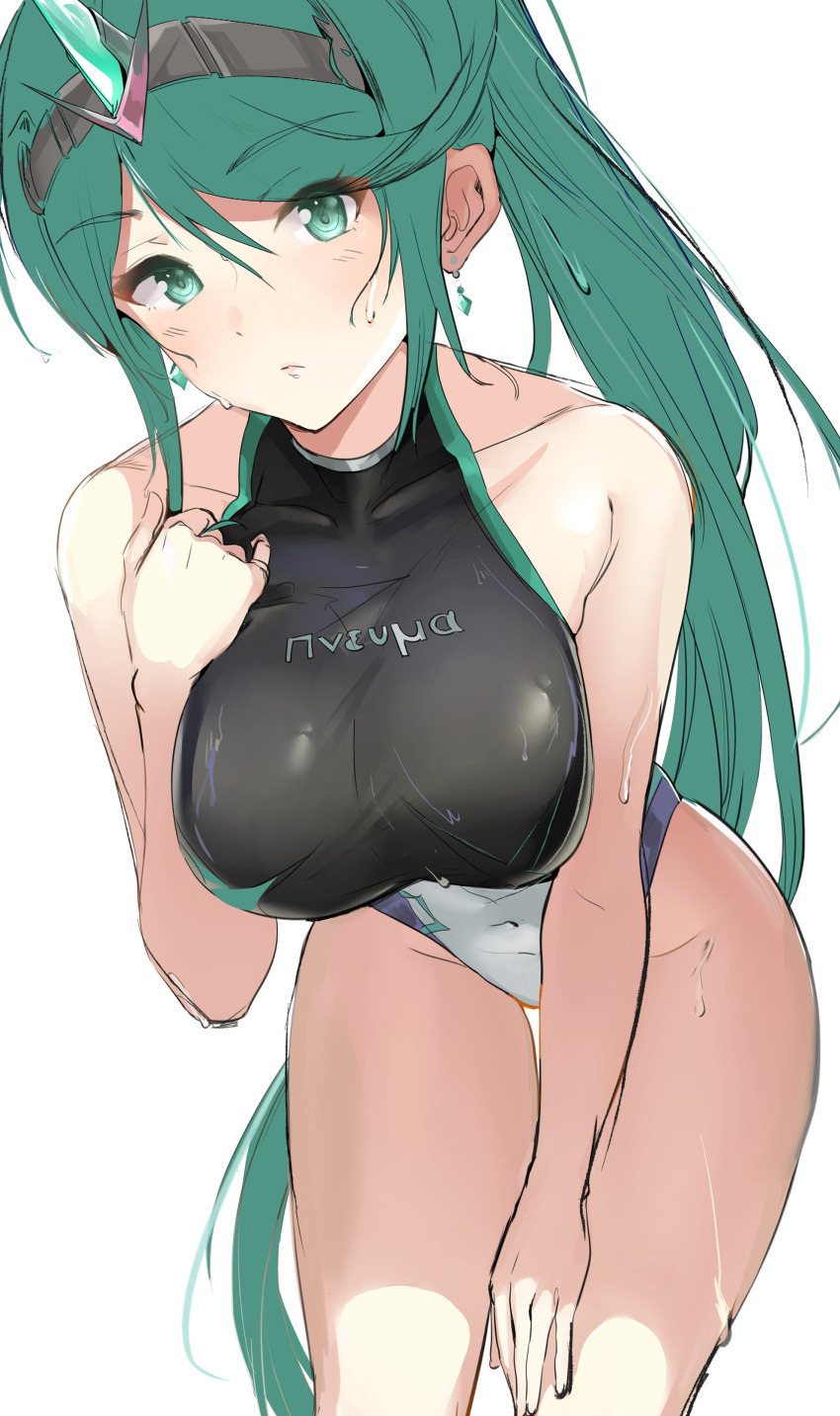 absurdres bare_shoulders bent_over breasts commentary covered_collarbone covered_navel cowboy_shot earrings english_commentary eyebrows_visible_through_hair green_eyes green_hair hairband hand_on_own_chest hand_on_own_thigh highres jewelry large_breasts long_hair looking_at_viewer nintendo one-piece_swimsuit ormille pneuma_(xenoblade) simple_background swimsuit very_long_hair wet wet_hair white_background xenoblade_(series)