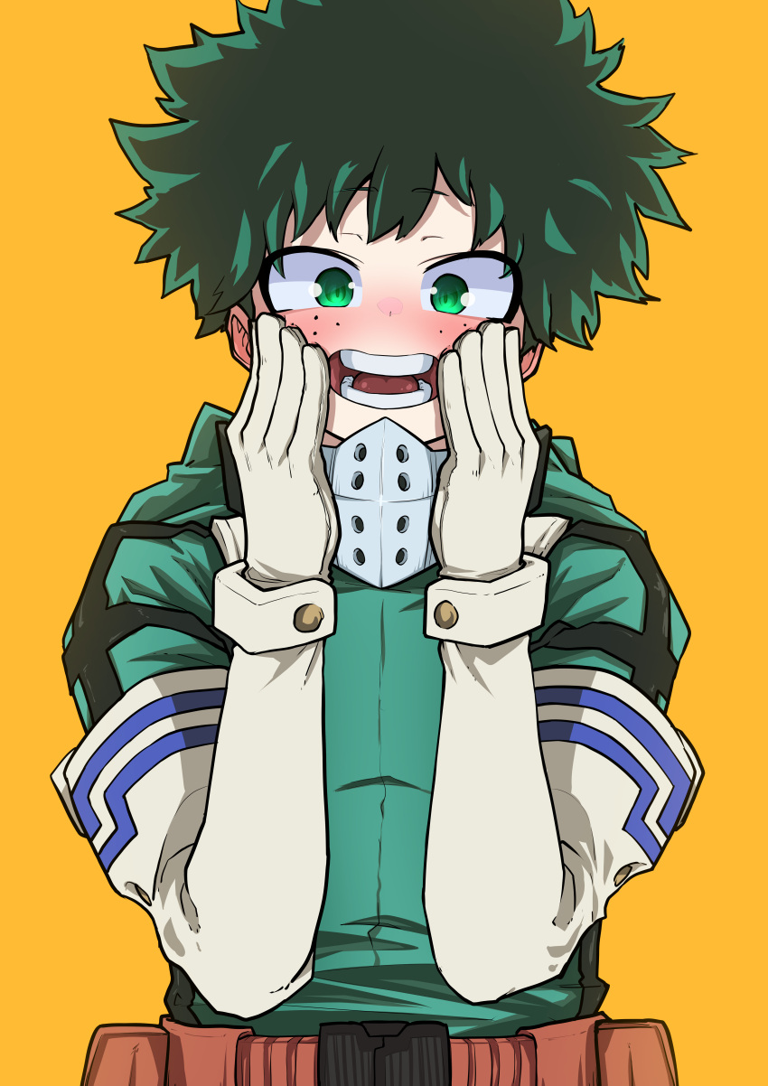 1girl absurdres belt blush bodysuit boku_no_hero_academia brown_belt commentary_request dot_nose elbow_gloves eyebrows_visible_through_hair face_mask freckles gloves green_bodysuit green_eyes green_hair hands_on_own_cheeks hands_on_own_face happy highres jipponwazaari looking_at_viewer mask midoriya_izuku open_mouth orange_background short_hair simple_background solo toga_himiko transformation upper_body white_gloves