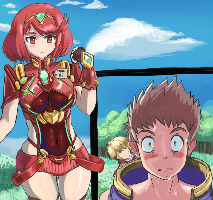 1girl 2boys absurdres between_breasts blue_sky breasts clouds commentary covered_navel day english_text heart highres pyra_(xenoblade) invitation madartraven meme multiple_boys nervous nintendo outdoors red_eyes redhead rex_(xenoblade_2) short_hair shorts shulk skindentation sky smile sweat text_focus wide-eyed xenoblade_(series) xenoblade_2