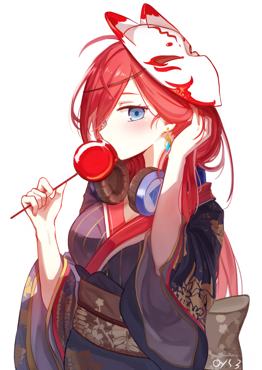 1girl bai_yemeng bangs black_kimono blue_eyes blush breasts candy_apple commentary_request covered_mouth earrings food fox_mask go-toubun_no_hanayome hair_over_one_eye hand_in_hair hands_up headphones headphones_around_neck highres holding holding_food japanese_clothes jewelry kimono long_hair long_sleeves mask medium_breasts nakano_miku obi redhead revision sash simple_background solo very_long_hair white_background wide_sleeves
