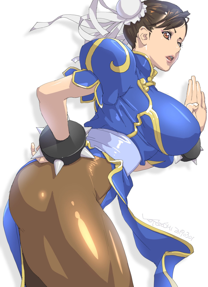 1girl blue_dress bracelet breasts brown_eyes brown_hair brown_legwear bun_cover capcom china_dress chinese_clothes chun-li commentary_request double_bun dress eyeshadow fighting_stance from_side hand_on_hip highres jewelry kotoyoshi_yumisuke large_breasts makeup open_mouth pantyhose pelvic_curtain puffy_short_sleeves puffy_sleeves sash short_sleeves side_slit spiked_bracelet spikes street_fighter thick_thighs thighs