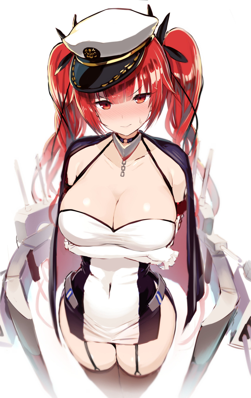 1girl 3: absurdres azur_lane black_legwear blush breast_hold breasts cleavage covered_navel cowboy_shot crossed_arms dress elbow_gloves foreshortening garter_straps gloves greatmosu hair_ribbon halterneck hat highres honolulu_(azur_lane) large_breasts long_hair military_hat red_eyes redhead ribbon rigging short_dress side_slit simple_background solo sweatdrop thigh-highs twintails v-shaped_eyebrows white_background white_gloves